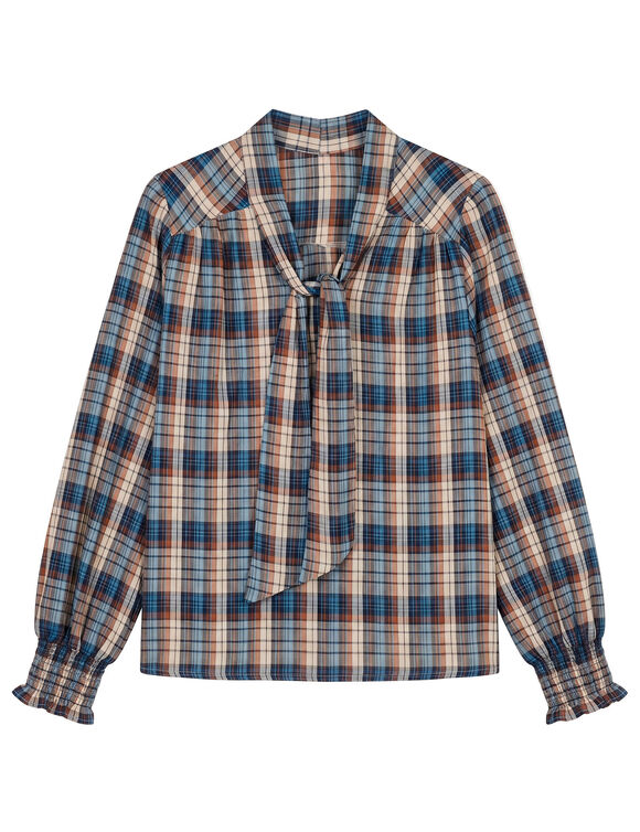 Blouse &agrave; lavalli&egrave;re manches longues, &agrave; carreaux (beige / bleu)