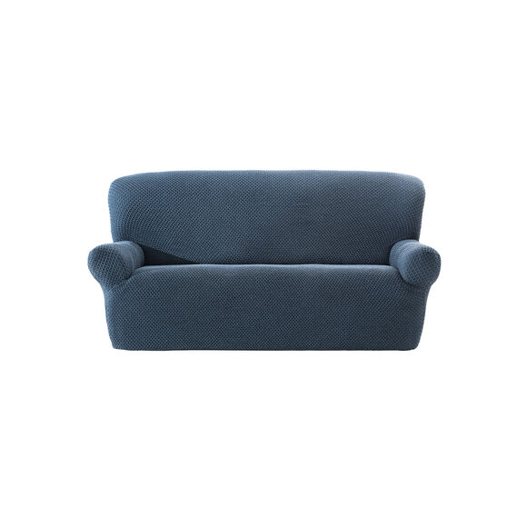 Getextureerde, bi-rekbare hoes voor zitbank en fauteuil met armleuningen (blauw)