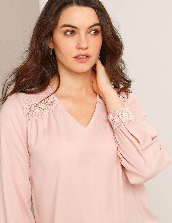 Blouse détails dentelle, crêpe (rose poudré)