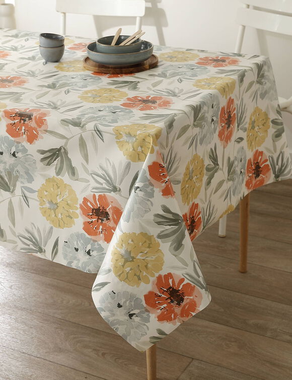 Tafellaken in toile cir&eacute;e met grote bloemenprint (geel / koraal)