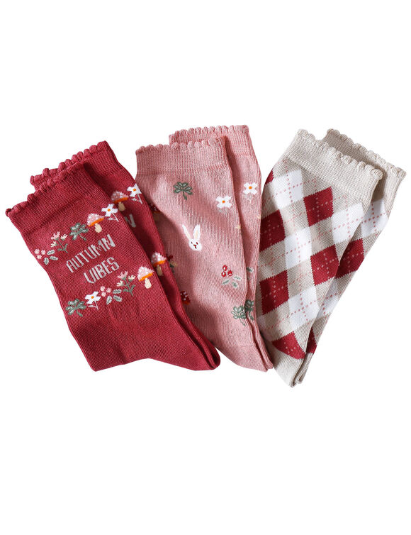 Chaussettes fantaisie motifs &laquo; automne &raquo; et losanges - lot de 3 paires (rose / tomette)