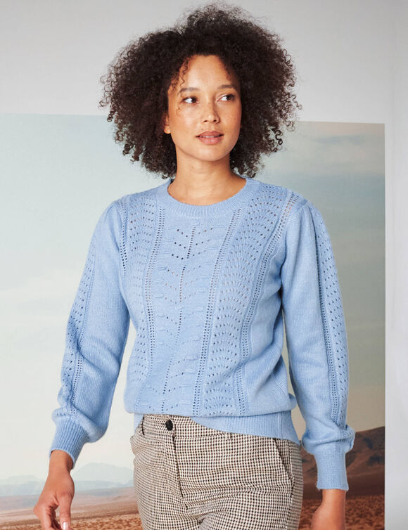Pull col rond, maille fantaisie toucher doux (bleu grisé)