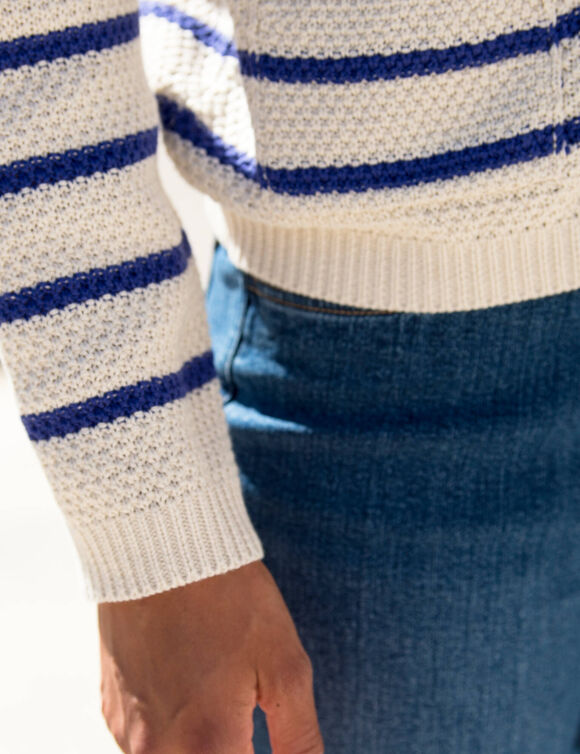 Gestreepte cardigan met officiersknopen, fantasietricot (ecru / paars)