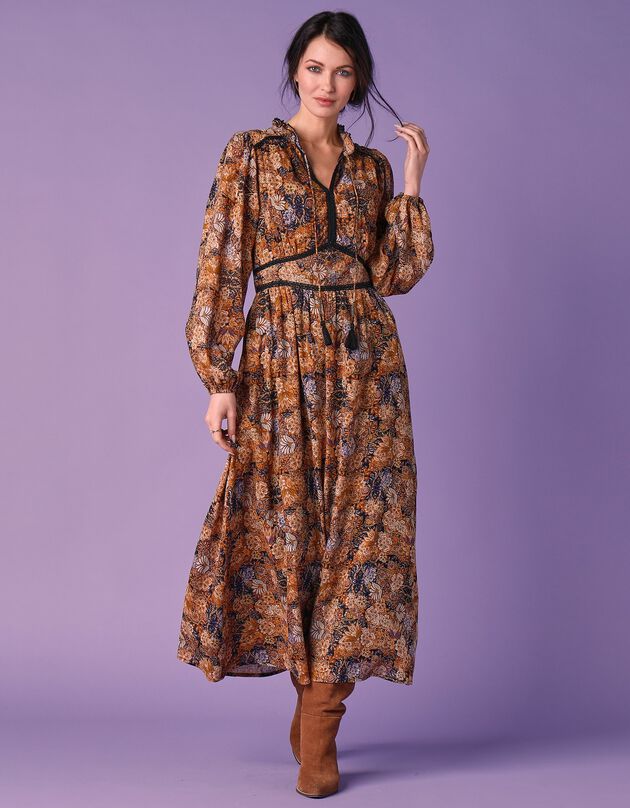 Robe longue imprimé floral finition macramé (noir / moutarde)