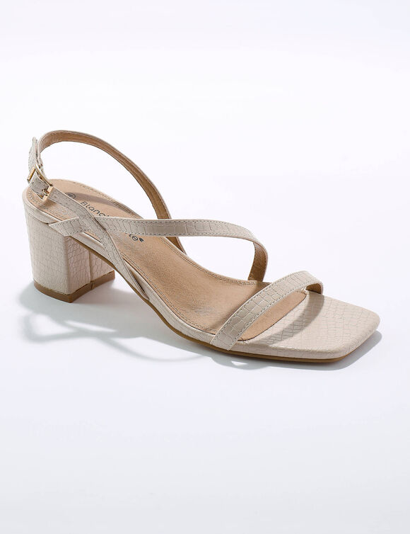 Sandalen met fijne riempjes, kroko-effect en vierkante hak (crème)
