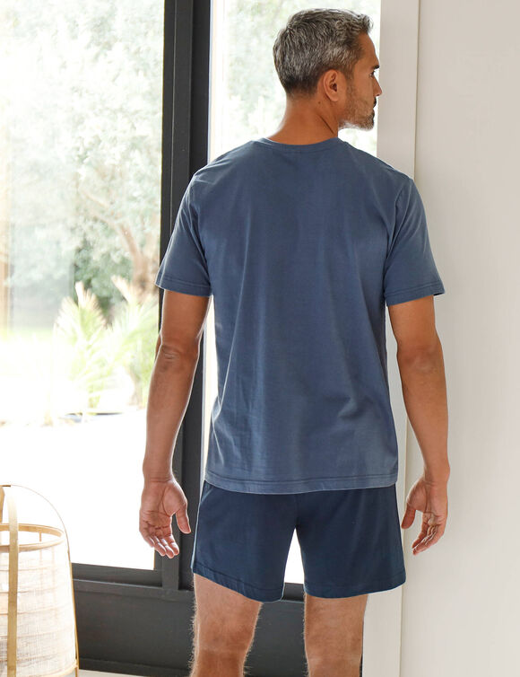 Pyjama short col V coton adouci (bleu grisé / marine)