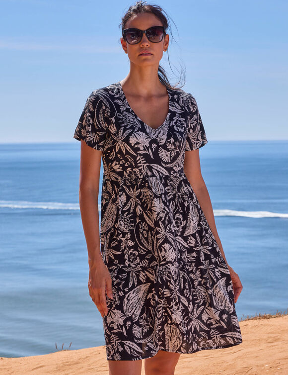 Robe col V courte imprim&eacute;e, cr&eacute;pon (noir / blanc)