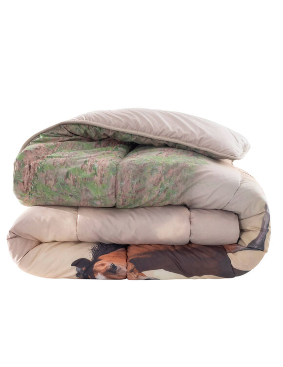 Couette microfibre impression photo chevaux 400g/m2 (beige / marron)