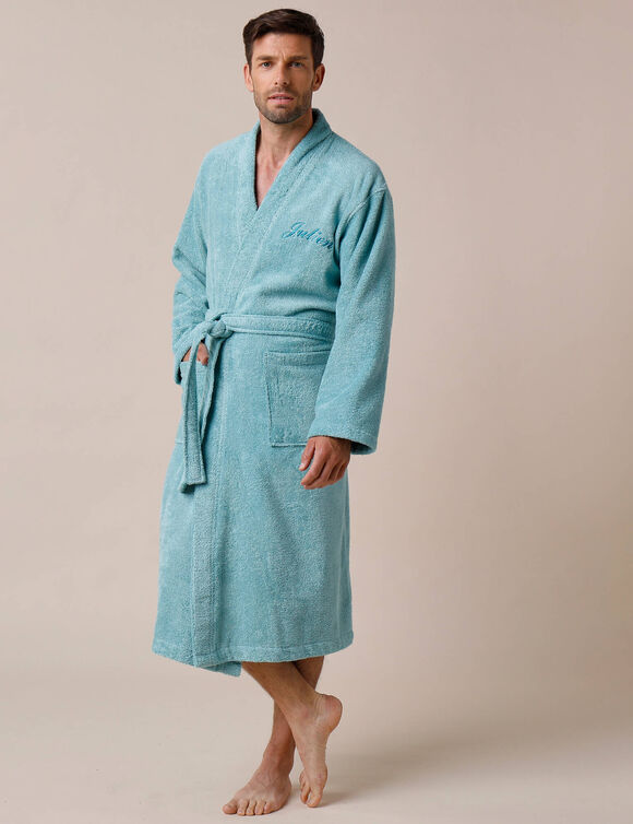 Peignoir mixte adulte uni coton éponge bouclette col kimono personnalisé (vert d'eau)