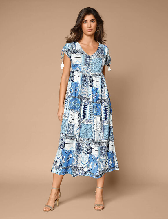 Robe mi-longue imprimée, manches courte (bleu / blanc)