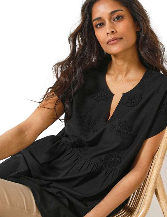 Tunique &agrave; plastron broderie anglaise, manches courtes (zwart)