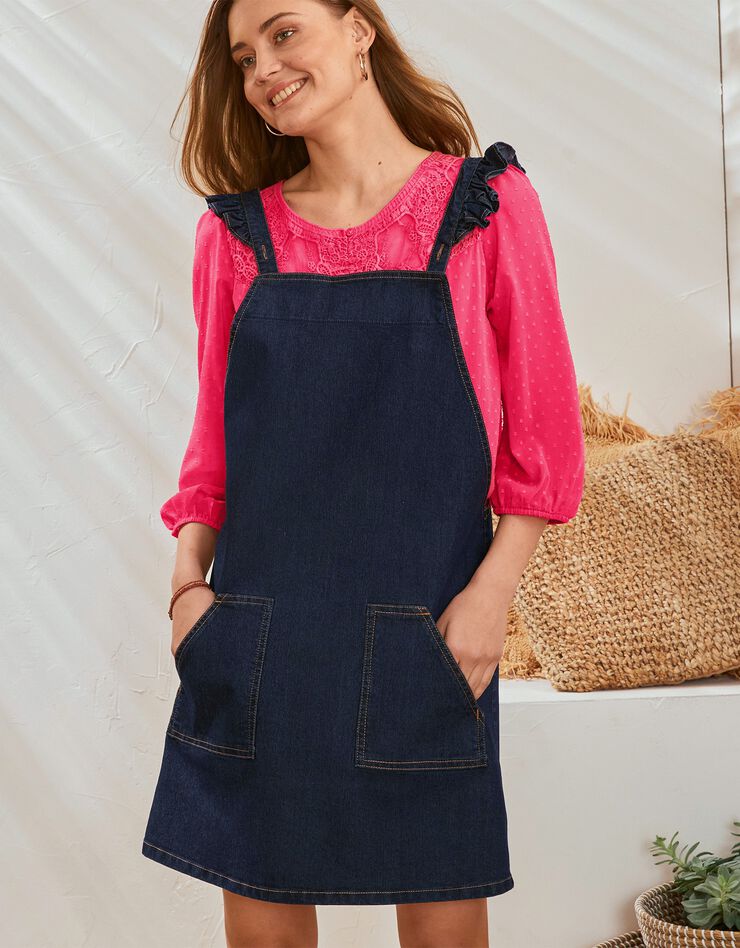 Robe salopette bretelles volantées en jean (brut)