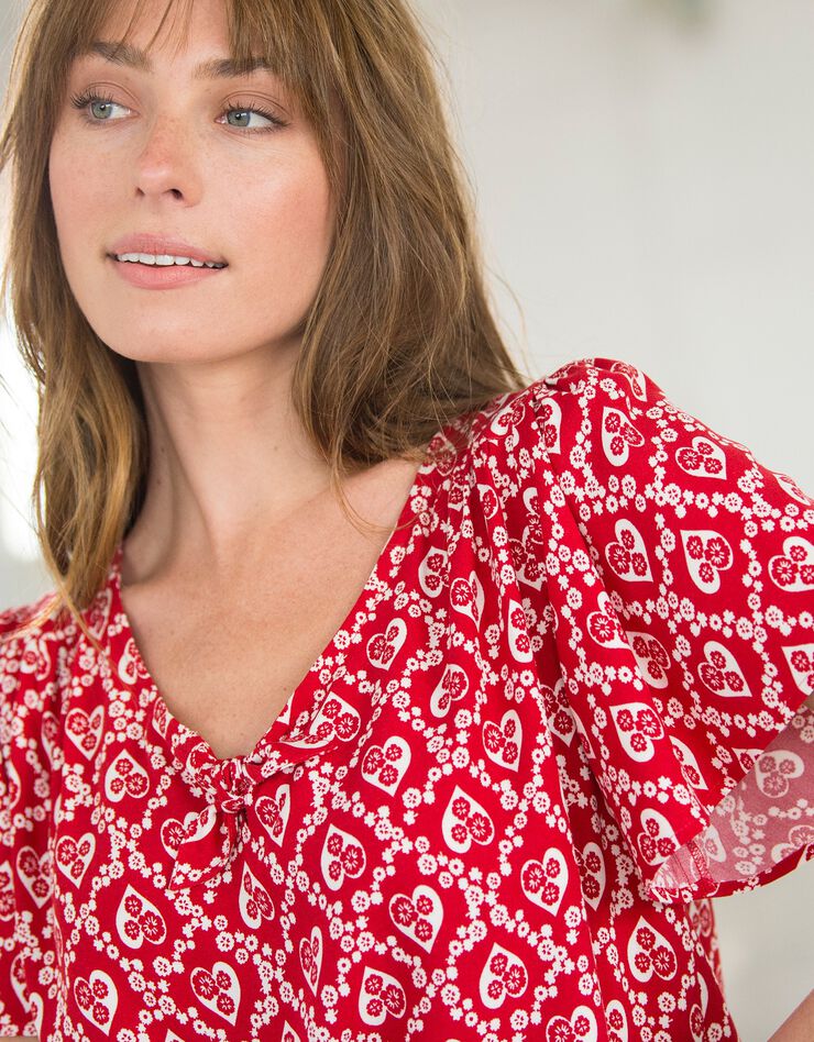Blouse imprimée coeurs, petit noeud au décolleté (rouge)