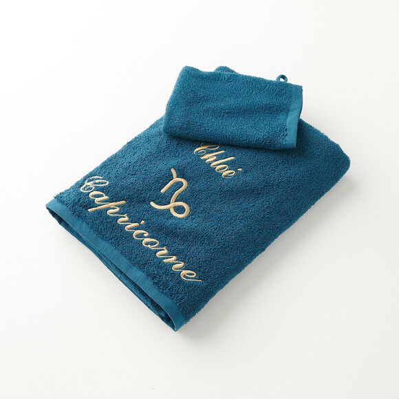 Serviettes de bain brodées Capricorne personnalisable - 420g/m2 (bleu paon)