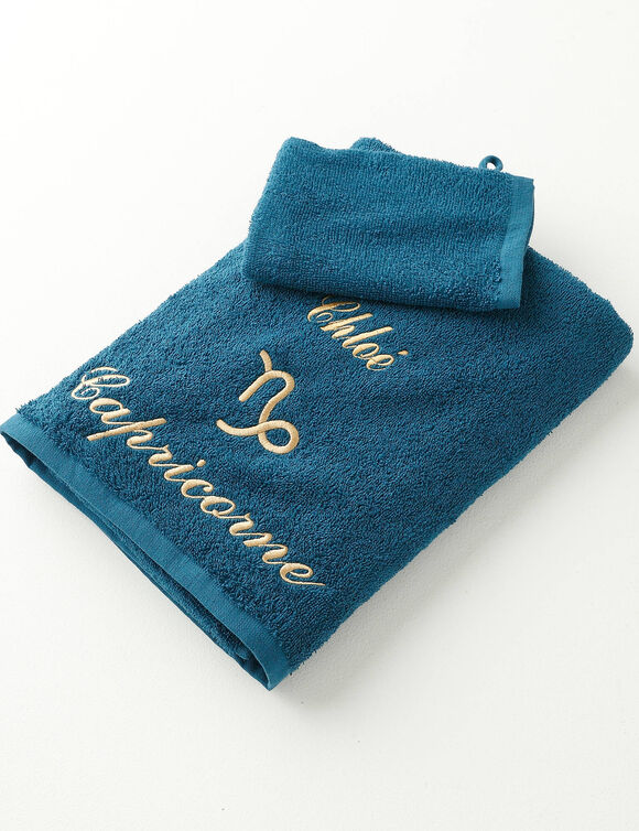 Serviettes de bain brodées Capricorne personnalisable - 420g/m2 (bleu paon)