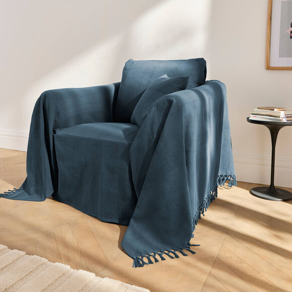 Plaid of sprei, effen katoen met artisanaal weefsel (marineblauw)