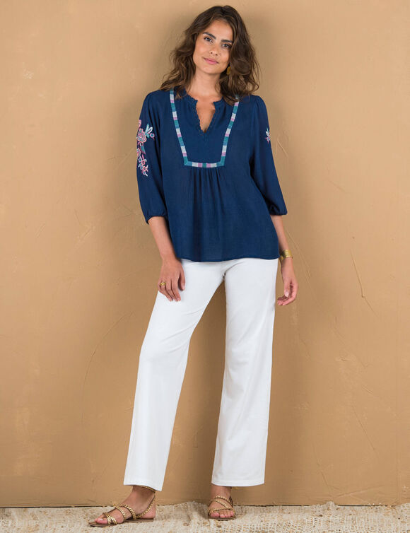 Blouse brodée manches amples, crépon (indigo / roze)
