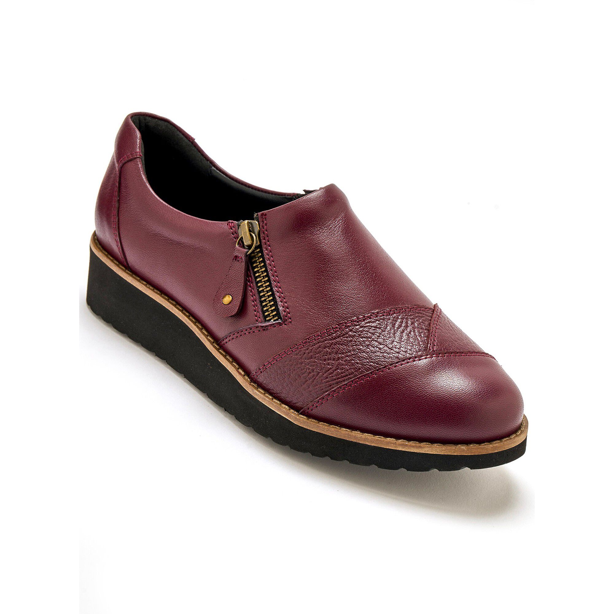 Leren schoenen met sleehak, brede pasvorm - zwart, bordeaux | Blancheporte