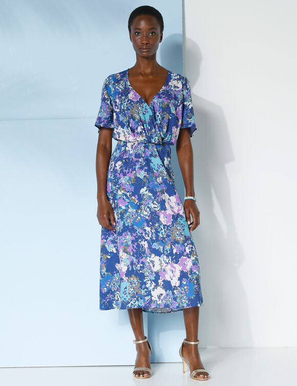 Robe longue cache-coeur imprimée, spéciale poitrines généreuses (bleu / violet)