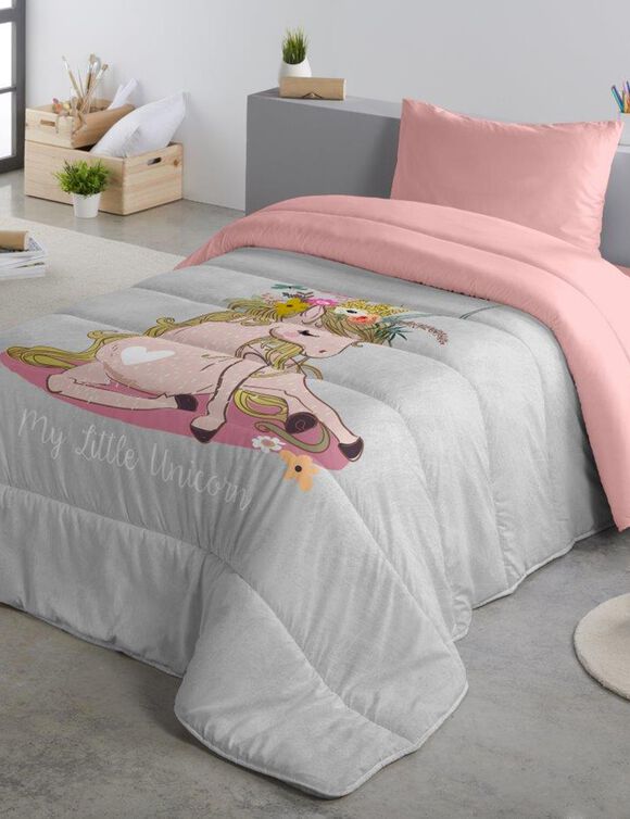 Couette microfibre enfant petite licorne 200 g/m² (gris / rose)