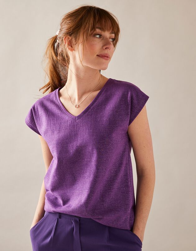 T-shirt col V, maille fantaisie brillante (violet)