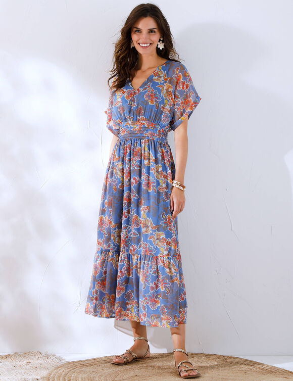 Robe longue voile imprimé (bleu / corail)