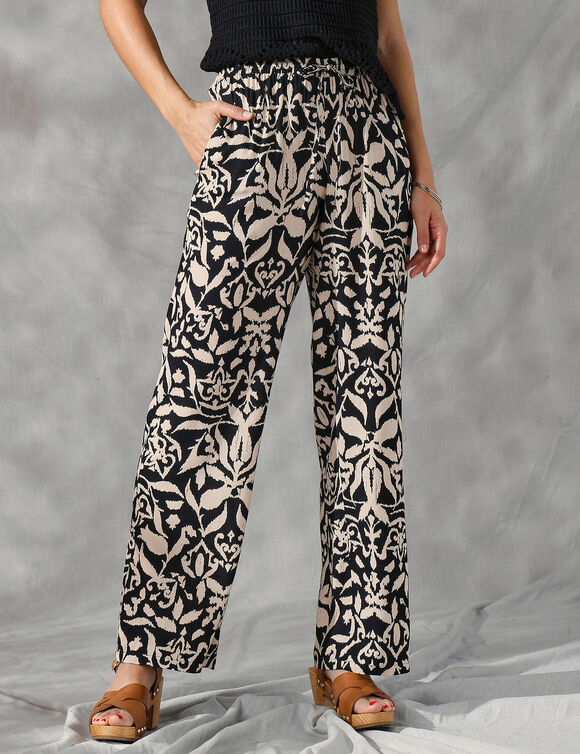 Pantalon large fluide, imprimé bicolore (noir / beige)