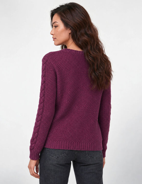 Trui in kabeltricot, ronde hals (pruim)