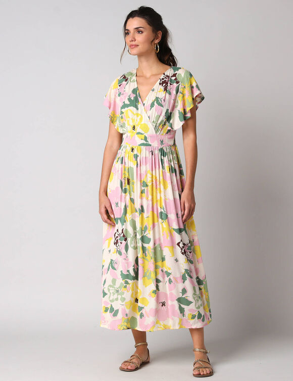 Robe cache-coeur imprim&eacute;e, cr&eacute;pon (jaune / vert)