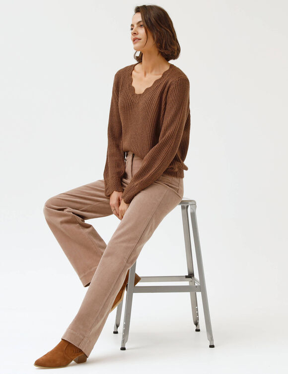 Pantalon velours coupe large taille haute, stature moyenne (beige)