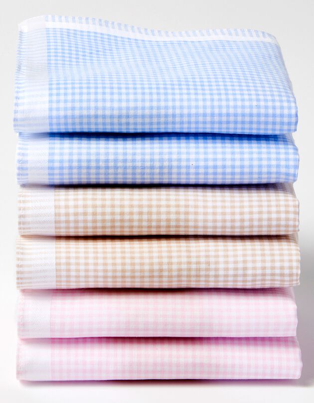 Mouchoir à petits carreaux encadrement vignette satin - lot de 6 ou de 12 (bleu + beige + rose)