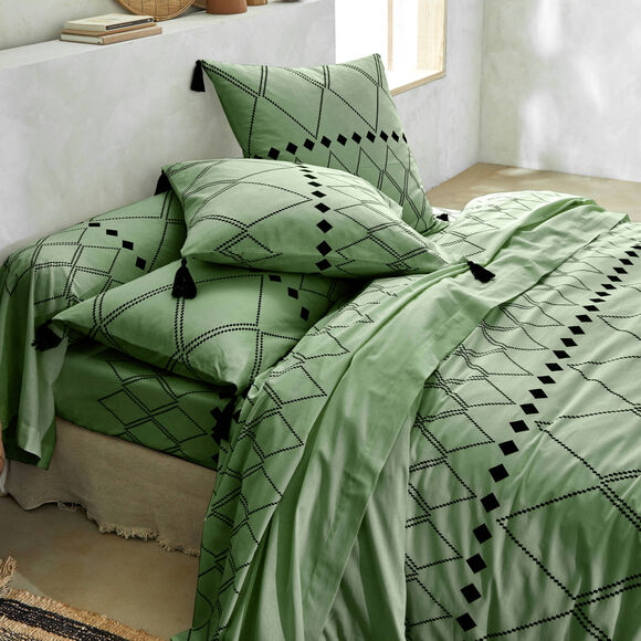 Linge de lit Massa&iuml; coton &agrave; motifs graphiques et finitions pompons (vert olive)