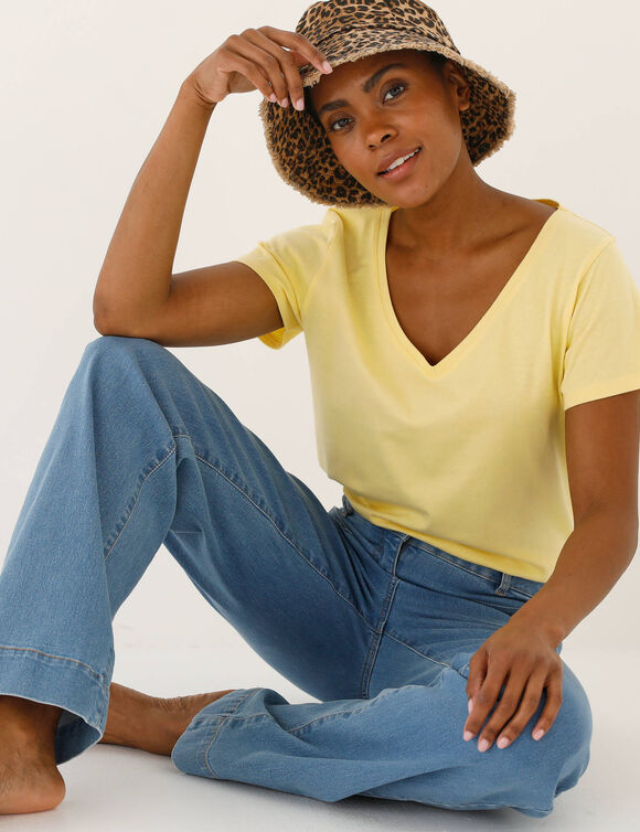 T-shirt col V uni manches courtes, coton (jaune p&acirc;le)