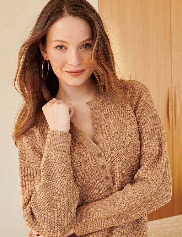 Pull tunique col tunisien, maille anglaise toucher doux (taupe chin&eacute;)