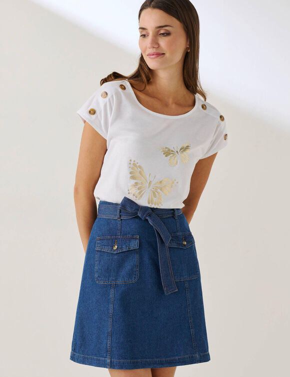 T-shirt col rond imprim&eacute; papillon dor&eacute; (blanc)