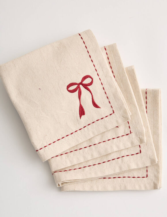 Geborduurde servetten van katoen/linnen - set van 4 (naturel / rood)
