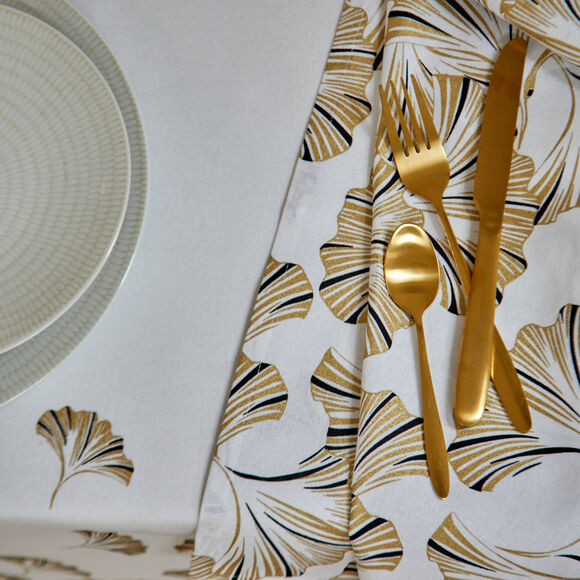 Nappe coton, imprim&eacute;e m&eacute;tallis&eacute; gingko (blanc / dor&eacute;)