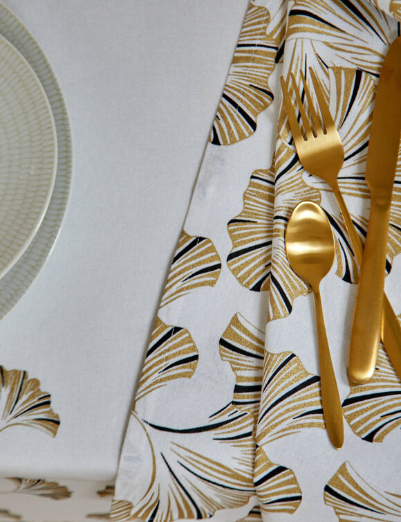 Katoen tafellaken, bedrukt met metallic gingko-print (wit / goudkleurig)