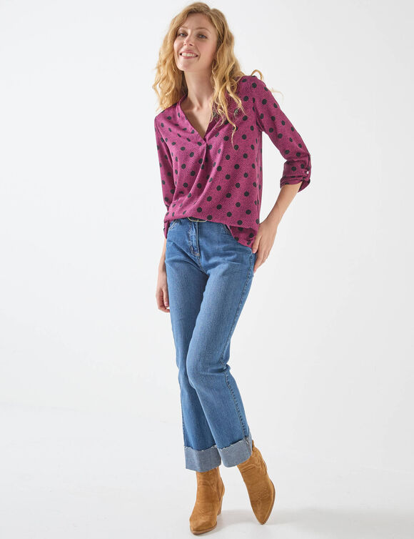 Blouse col tunisien imprimé pois, crêpe (violine / noir)