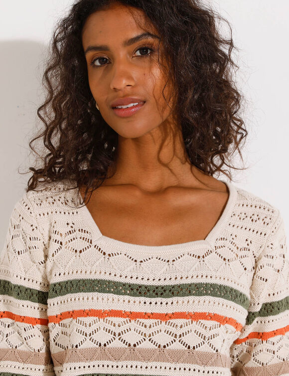 Pull col carré rayé, maille ajourée (écru / kaki)
