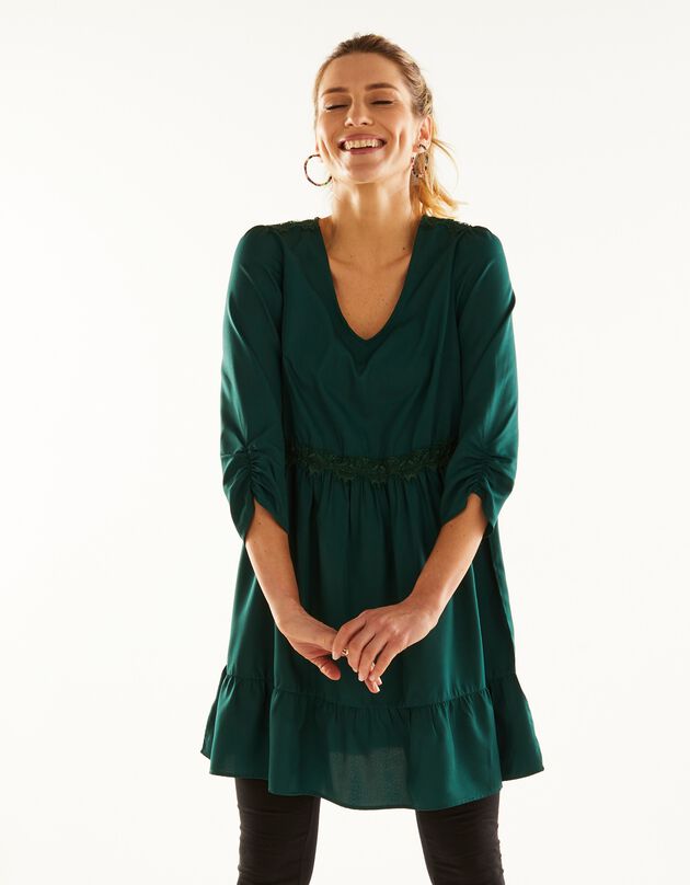 Effen tuniek met kant en 7/8-mouwen (groen)