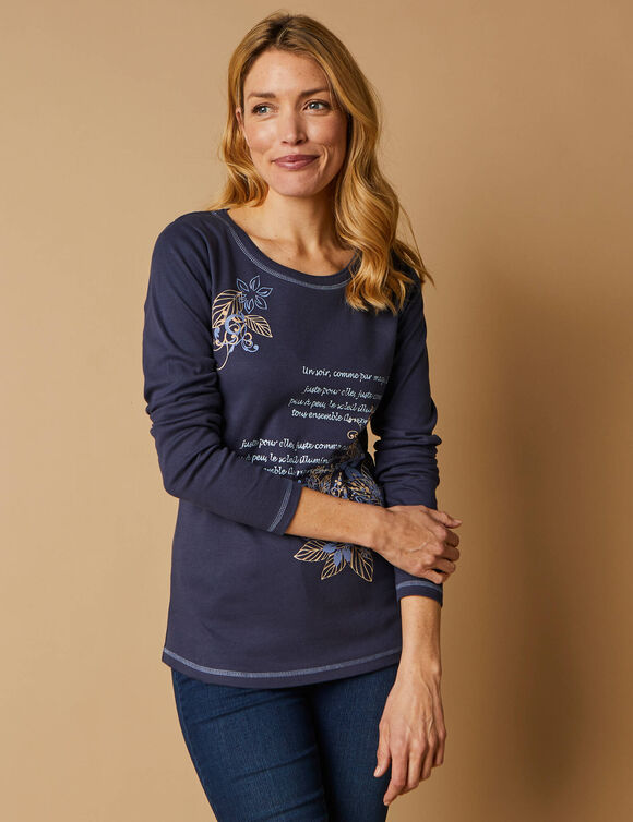 T shirt manches longues imprim&eacute; fleuri (marine)