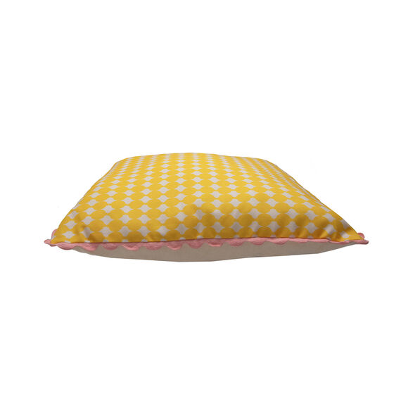 Coussin imprim&eacute; bicolore galon &eacute;cailles (jaune / blanc)