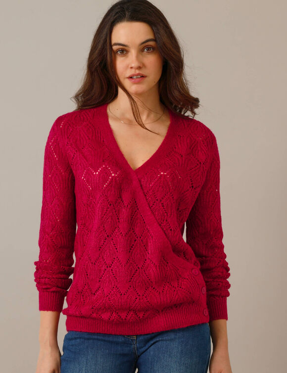 Wrap-overjasje, fantasiebreisel met zachte touch (framboos)