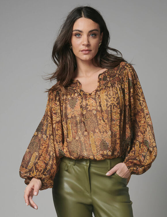 Blouse en voile imprim&eacute; (chocolat / vert)