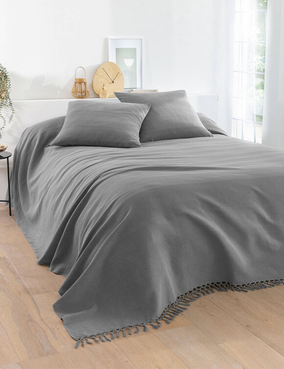 Plaid of sprei, effen katoen met artisanaal weefsel (parelgrijs)