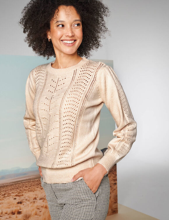 Trui met ronde hals, streelzachte fantasietouch (ecru)