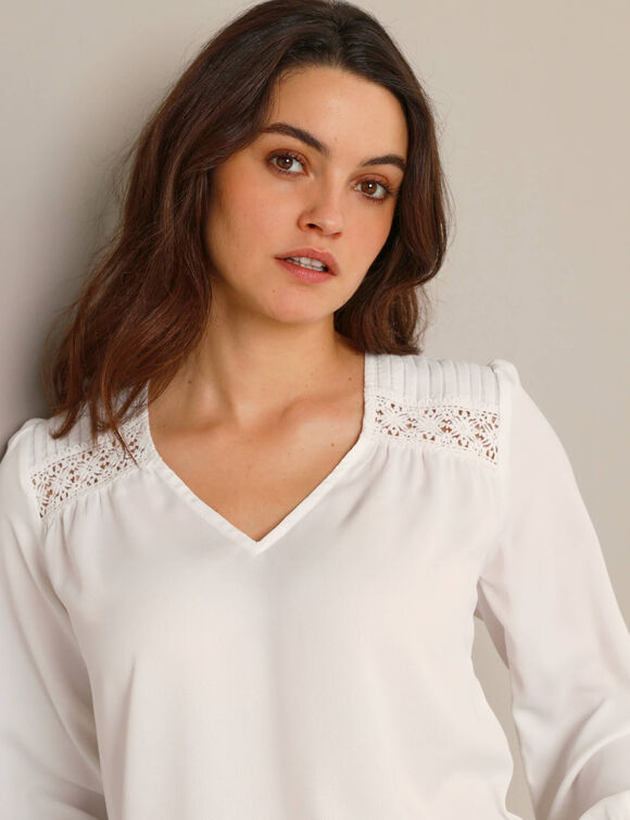 Blouse détails dentelle, crêpe (blanc)