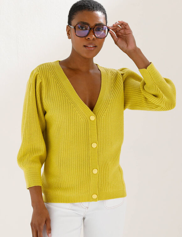 Vest met knopen en V-hals, patenttricot (anijs)