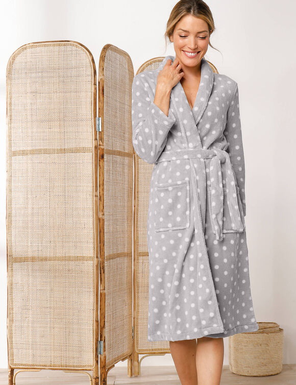 Peignoir in fleece met pluchetouch - 115 cm lang, lange mouwen (grijs/bolletjesprint)